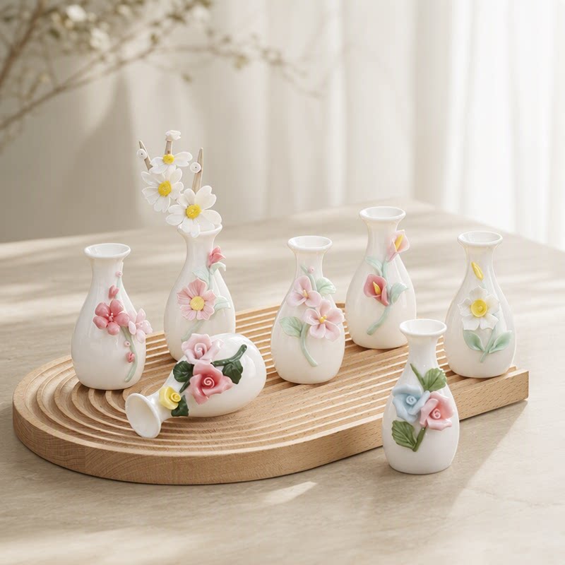 Handmade Ceramic Bud Vase - Pink Floral Detail