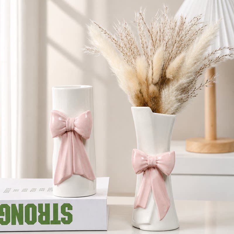 Minimalist Ceramic Vase Set of 3 - Bow Accent